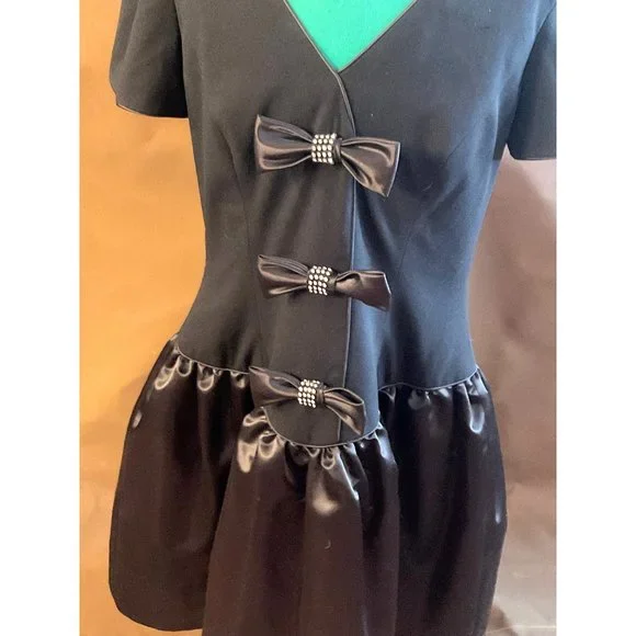 Morton Myles Gorgeous Black Vintage Dress Bows Rhinestones Size 10 Short Sleeve - Picture 4 of 14